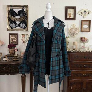 y2k preppy twee whimsical teal blue and gray cozy plaid coat